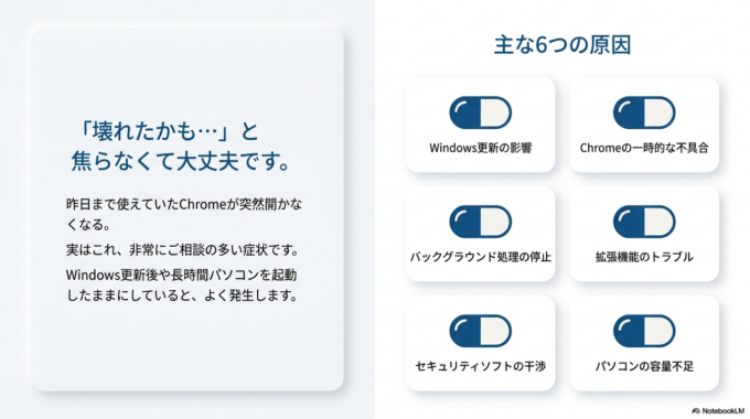 特にWindows更新後や、パソコンを長時間使った後に突然起きることも多く、「壊れたのでは?」と不安になる方も少なくありません。