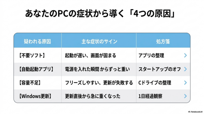 放置すると、仕事中にフリーズしたり、大事な保存前データが消える原因になることもあるため、早めに整理した方が安心です。