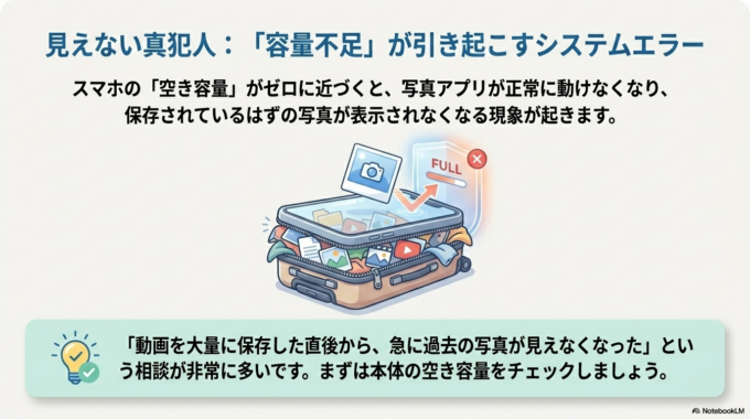 スマホの空き容量がほとんどないと、写真アプリが正常に動かないことがあります。