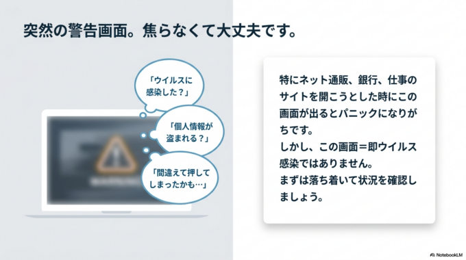 ただ、すぐに「ウイルス感染」と決まるわけではないので、まずは落ち着いて確認すれば大丈夫です。
