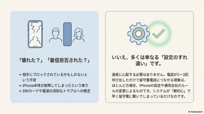 相手に着信拒否されたのではないかと心配になったり、iPhoneの故障を疑ったりする方もいますが、実際には設定が原因になっているケースが少なくありません。