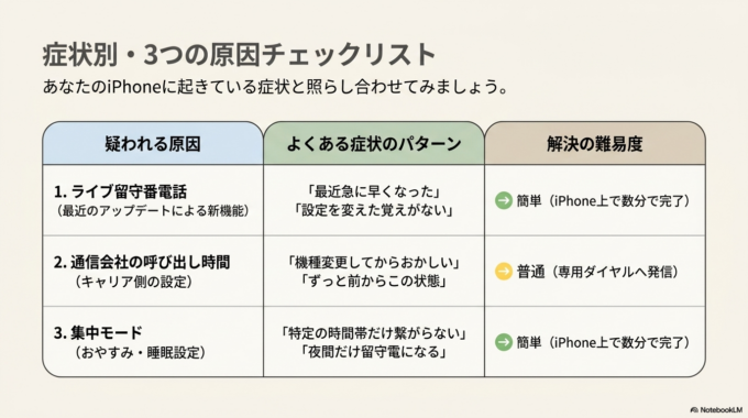 まずはライブ留守番電話の設定を確認し、それでも改善しない場合は通信会社の呼び出し時間や集中モードを確認してみましょう。