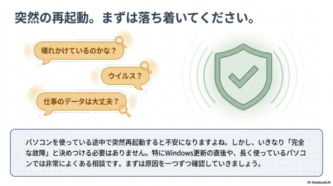 このような相談は実際によくあります。特にWindows更新のあとや、長く使っているパソコンで増えやすい症状です。