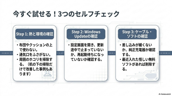 パソコンは熱くなっていないか確認する