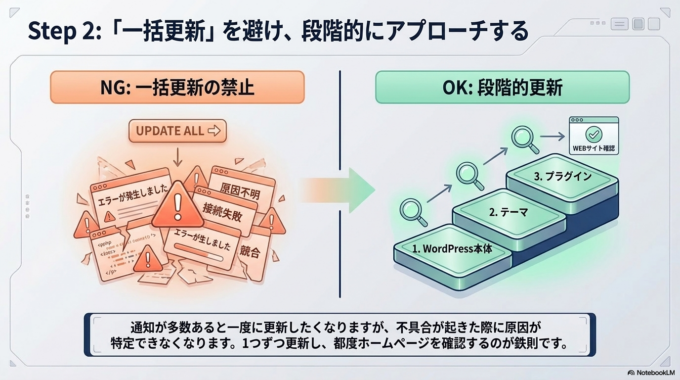 WordPress・テーマ・プラグインを一度に全部更新しない