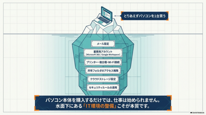 新入社員用PCの準備で最初にやることは、パソコンを買うことではなく、その社員が仕事をするために必要なIT環境を整理することです。