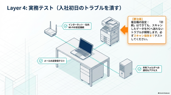 複合機の場合、印刷はできてもスキャンしたデータをPCへ送れないこともあるため、普段の業務に必要な機能まで確認します。
