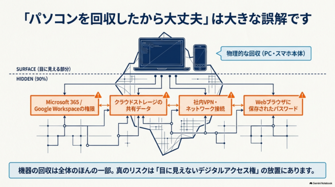 退職時のIT対応で大切なのは、メールアカウントをすぐ削除することではなく、必要なデータや連絡先を確認したうえで、会社としてアクセスできない状態へ確実に切り替えることです。