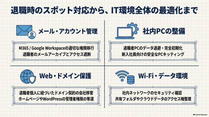 アポロン7「職場のWeb・IT係さん」では、ホームページだけでなく、会社のPC、メール、Wi-Fi、アカウント、データ管理などをまとめてご相談いただけます。