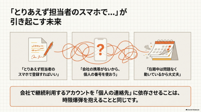 しかし、会社で継続して利用するGoogleアカウントを、特定の社員の電話番号や個人メールアドレスに依存させる管理方法はおすすめできません。