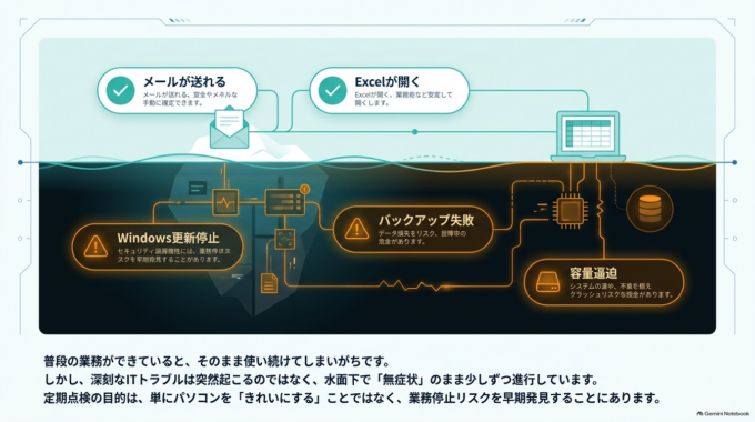 特に、社内にIT担当者がいない会社では、故障してから対応するだけでなく、定期的にパソコンの状態を確認しておくことが重要です。