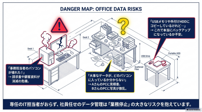 専任のIT担当者がおらず、社内データの保存方法が社員任せになっていることもあります。