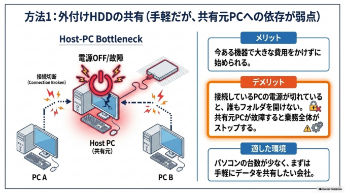 方法1：外付けHDDをパソコンにつないで社内共有する
