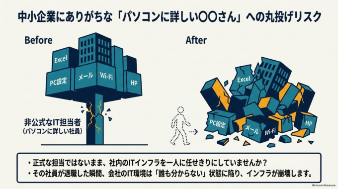パスワードやアカウントを担当者個人だけが管理している、といった状態です。
