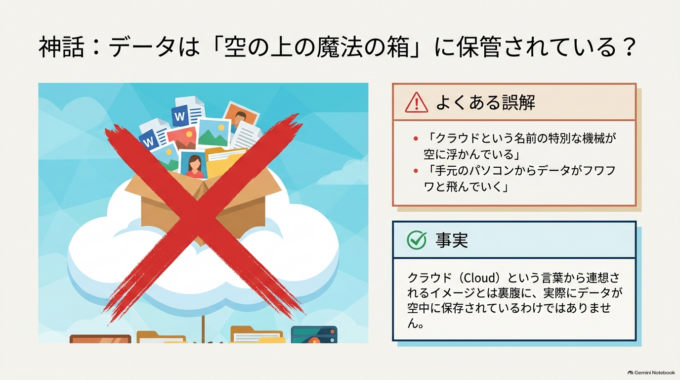 クラウドは、簡単にいうとインターネット経由で、離れた場所にあるコンピューターやサービスを利用する仕組みです。