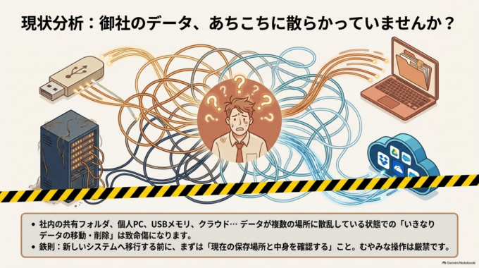 いきなり移動や削除をせず、現在の保存場所を確認するところから始めたほうが安全です。
