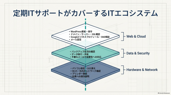 一方で、ホームページ、パソコン、メール、プリンター、Wi-Fi、バックアップなど、日常業務に必要なITは増えています。