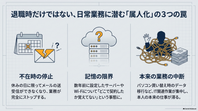 IT管理が属人化すると、退職時だけでなく普段の業務でも困ります