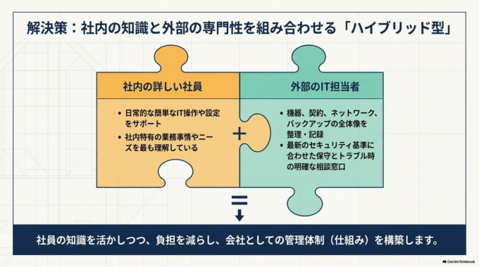 パソコンに詳しい社員と外部IT担当者を組み合わせる方法もあります