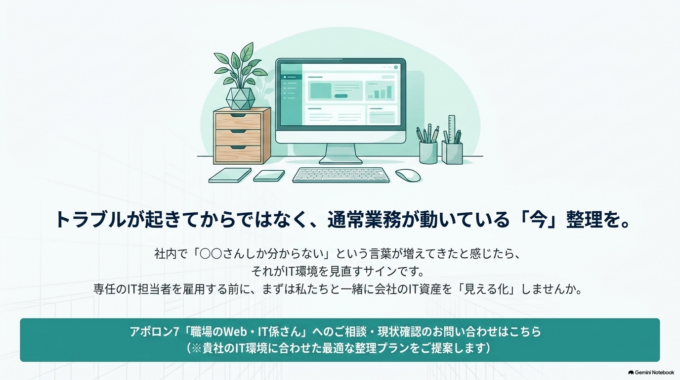 「○○さんしか分からない」が増えてきたと感じたら、トラブルが起きてからではなく、通常業務ができているうちに一度IT環境を整理しておくことをご検討ください。