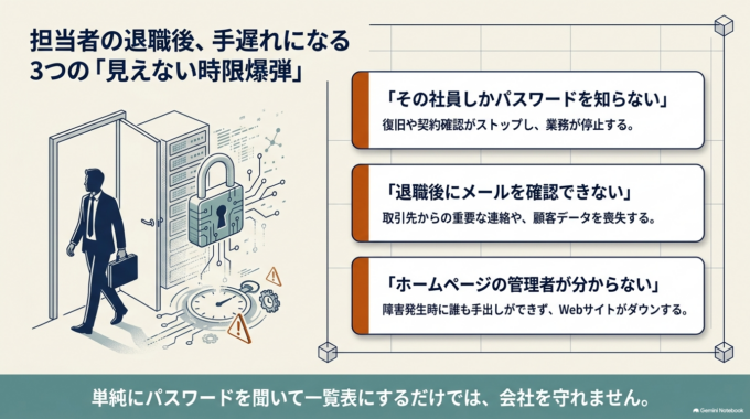 特に注意したいのは、「その社員しかパスワードや契約状況を知らない」「退職後にメールを確認できない」「ホームページの管理者が分からない」といった状態です。