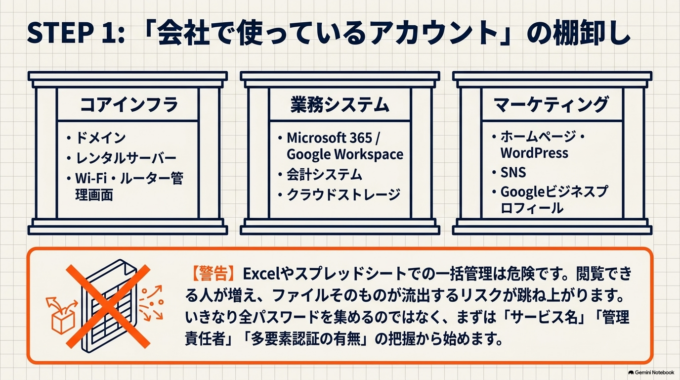 最初に「会社で使っているアカウント」を一覧にする