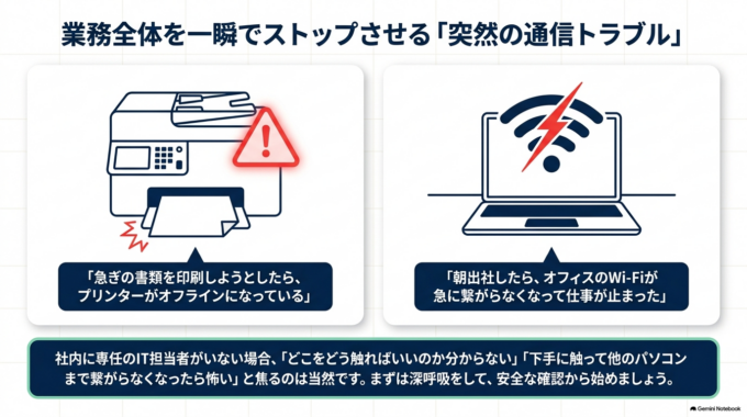 オフィスのインフラであるプリンターやWi-Fiのトラブルは、業務全体を一瞬でストップさせてしまう深刻な問題です。
