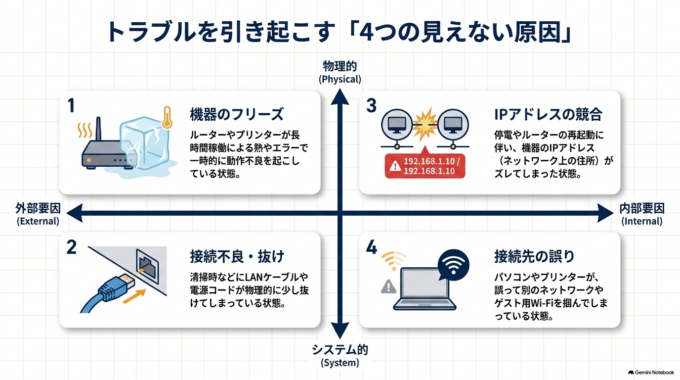 オフィスのプリンターやWi-Fiが急に繋がらなくなる主な原因