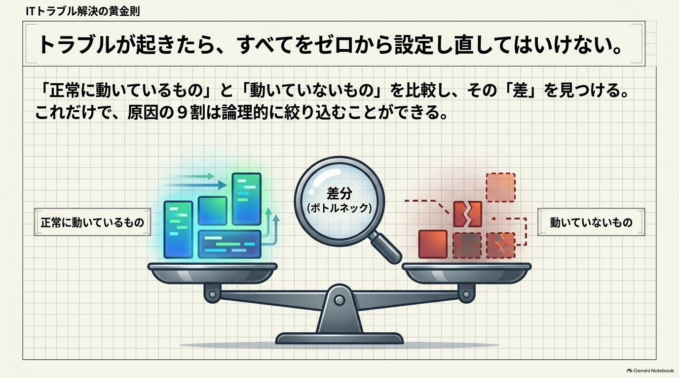 大切なのは、正常に動いているものと、動いていないものを比較することです。