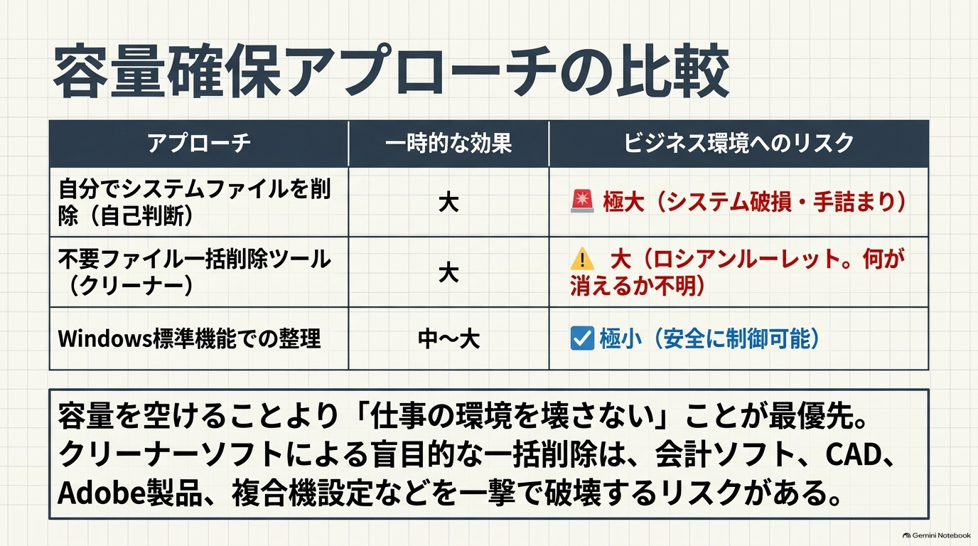 「空き容量を増やす」よりも「業務環境を壊さない」ことを優先しましょう。