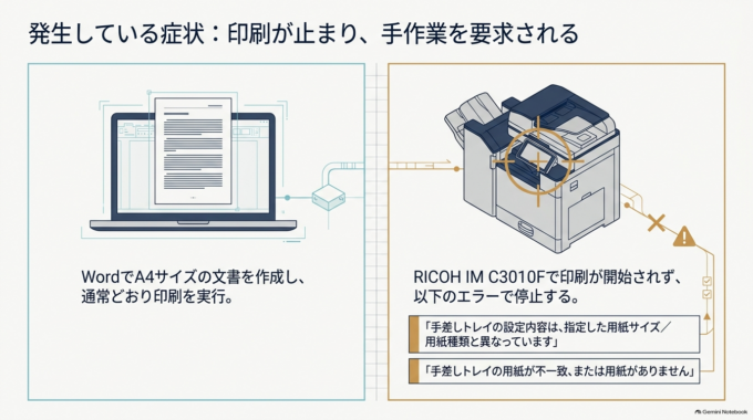 といったエラーが表示され、毎回複合機の画面で「A4」を選択して［実行］しないと印刷できない……。