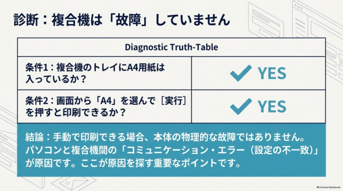 A4用紙がないわけでも、複合機が印刷できないわけでもありません。