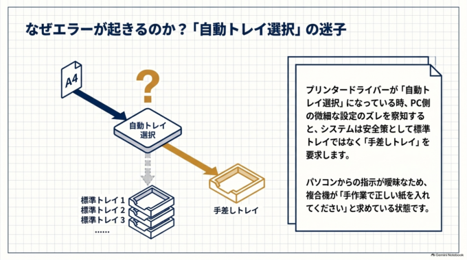 これで複合機側の操作をせずに印刷できれば、給紙トレイの自動選択周辺に原因がある可能性が高いと判断できます。