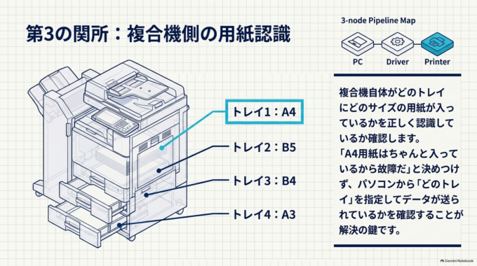 パソコンからどの給紙トレイを指定して印刷データが送られているのか