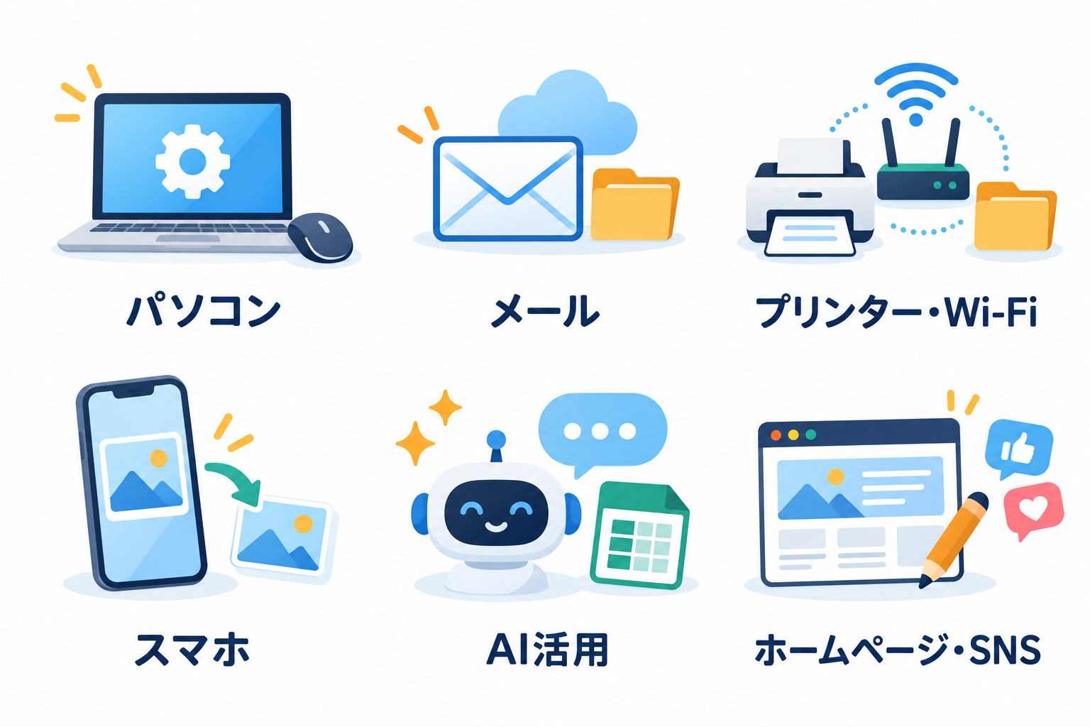 パソコン、メール、プリンター・Wi-Fi、スマホ、AI活用、ホームページ・SNSの6つの対応分野