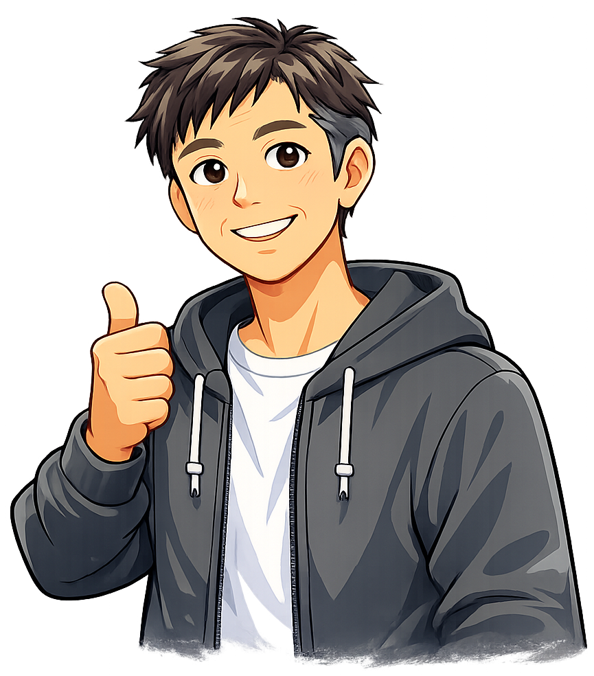 アポロン7の渡邉のイラスト(親指を立てて笑う、パーカー姿の男性)